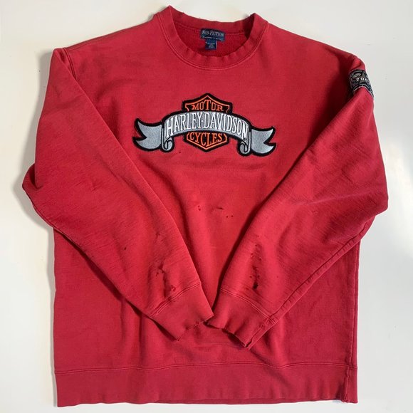 Vintage Sweaters - Vintage Harley-Davidson distressed crew neck red